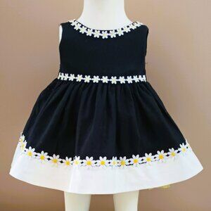 Girl's Black Daisy Trim Dress 3-6M Sleeveless Fit & Flare V-Back with Big Bow
